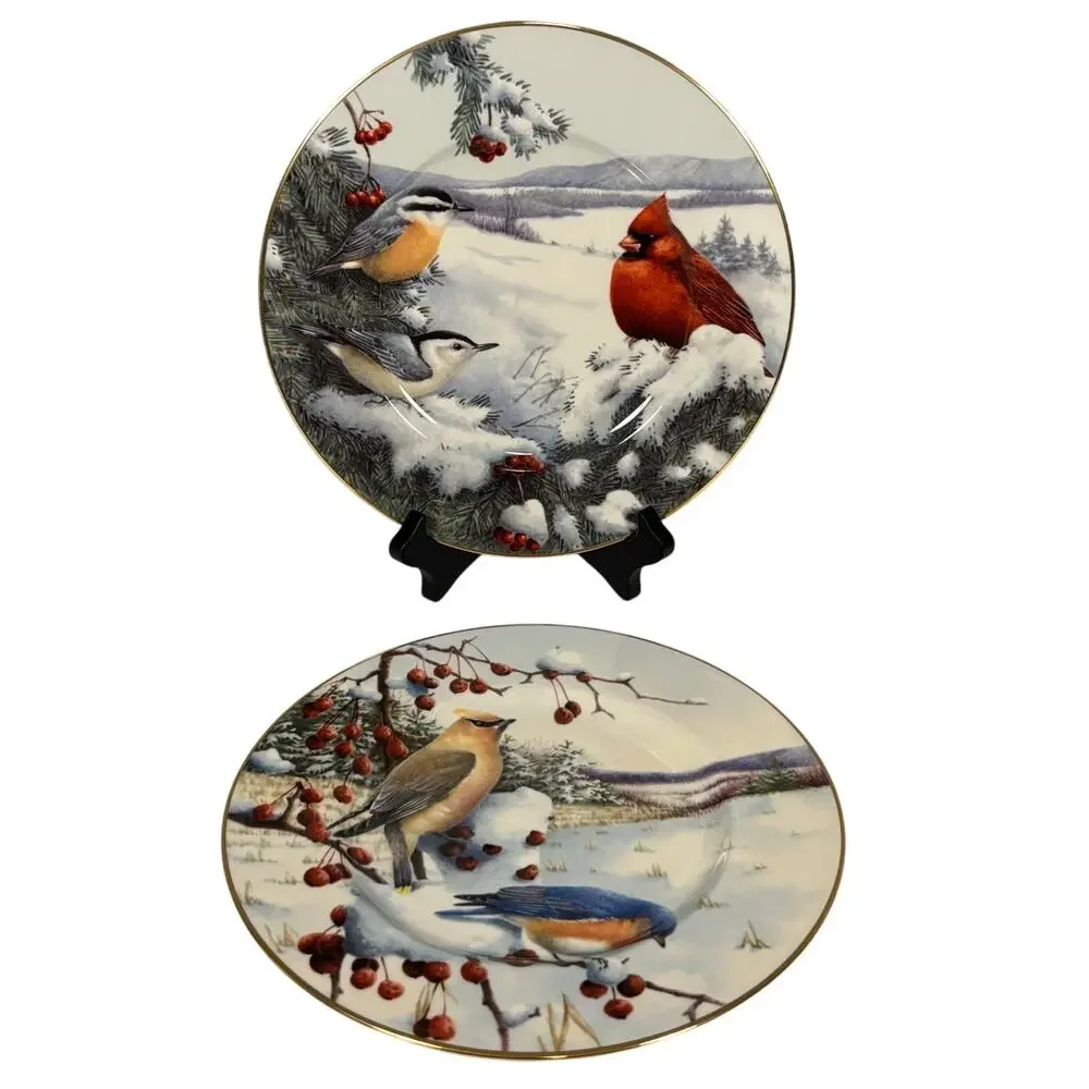 Lenox Winter Greetings Scenic Cardinal Waxwing Birds Serving Plates Bowl Set 3